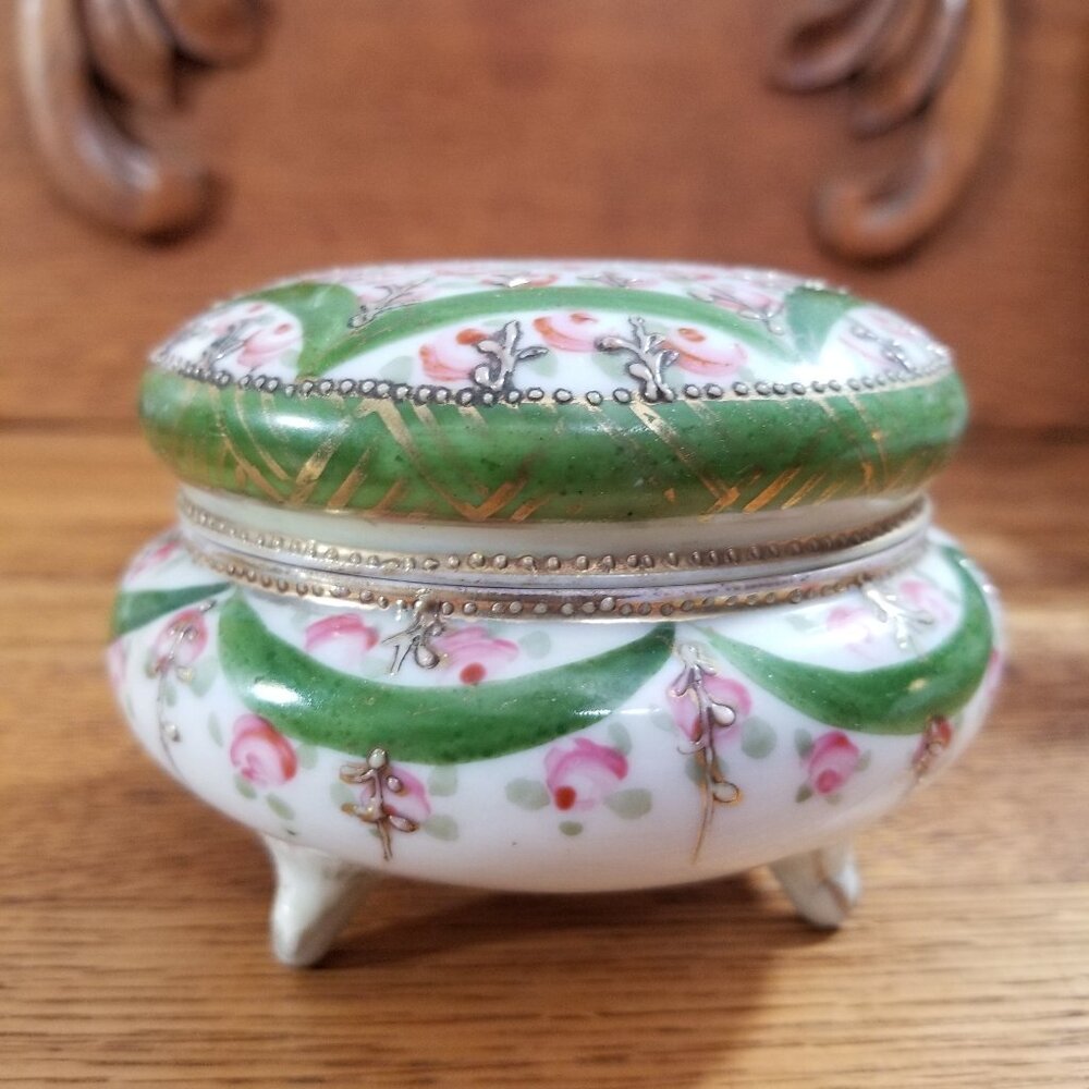 Antique Japanese Hand-Painted Vanity Jar | Moriage-Style Raised Enamel